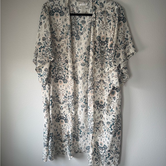 Maurices Tops - Cream Floral Kimono Cover-Up with Teal and Black Print